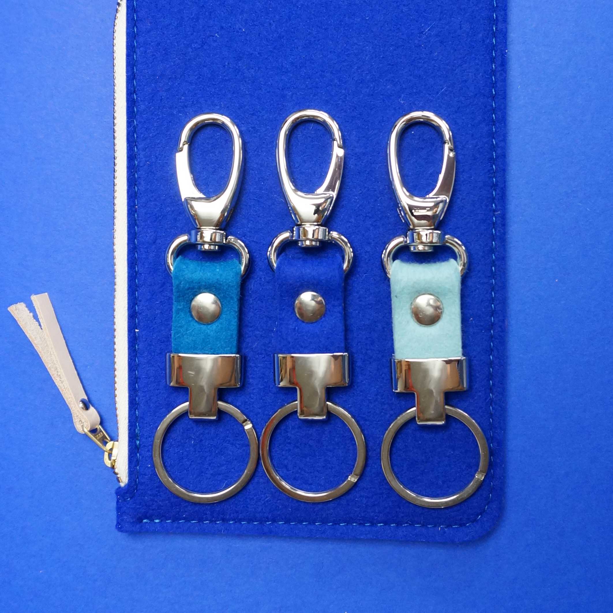 key-clip, wool felt, Kyoto, key ring, dog-clip, nickel rivet, blue, torba etui